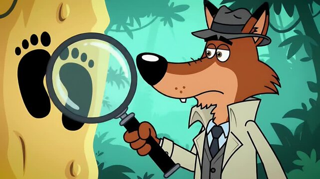 Cartoon detective examining footprint on yellow surface in jungle setting