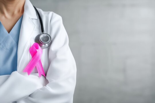 Doctor wearing lab coat with pink ribbon pinned and stethoscope draped over shoulder, symbolizing breast cancer awareness - Powered by Adobe
