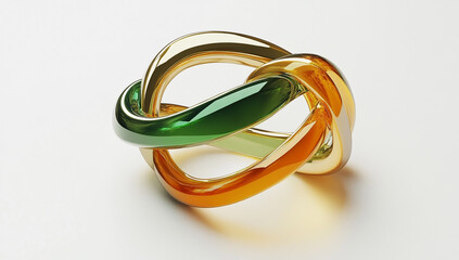 Three interconnected green and orange shaped golden infinity rings