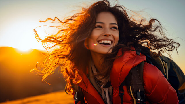 Radiant Ascent: An adventurous individual, bathed in golden sunlight, revels in the joy of a hiking expedition. Capturing the spirit of exploration and the allure of the great outdoors.