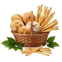 Assortment of Breads and Breadsticks in a Basket transparent background