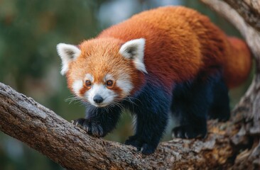 Fototapeta premium Red panda climbing tree branch close up