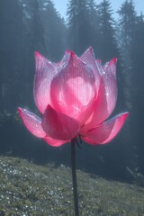 Vibrant pink lotus in misty forest