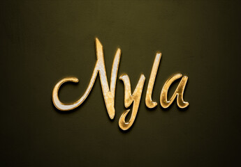 Old gold text effect of name Nyla with 3D glossy style Mockup.