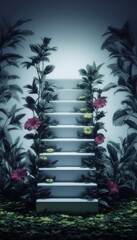 Abstract steps, lush plants, light