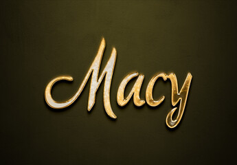 Old gold text effect of name Macy with 3D glossy style Mockup.