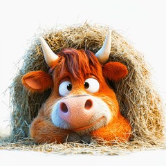 Cute cartoon cow character peeking out from a haystack with charm