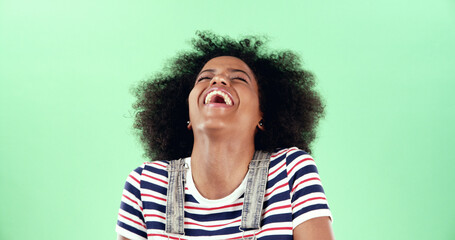 Black woman, laughing and funny joke with comic in studio, humor or hilarious with happy reaction....