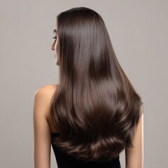 Naklejka premium Model showcasing beautiful, shiny, long dark brown hair from the back against a smooth gray background, exuding elegance and beauty