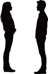 Silhouettes of a woman and a man standing face to face in contemplation.