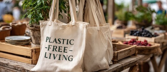 Reusable fabric bags with "Plastic-Free Living" text at an outdoor market, surrounded by fresh produce and eco-friendly items.
