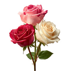 Naklejka premium Three Roses in Pink Red and White on transparent background beautiful roses pink