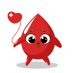 World Blood Donor Day. 14 June. Cute Blood Drop Kawaii Character with Heart Balloon. Vector illustrations on a white background. Blood Donation Concept