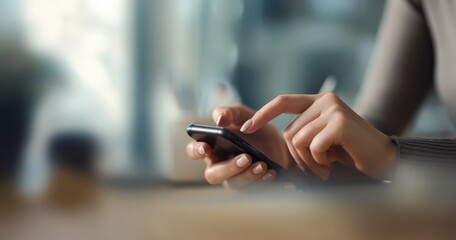 Office worker browsing internet on mobile phone at workplace, close up of hands typing on touchscreen
