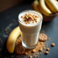 Preparing Banana Smoothie with Cookie Crumble Topping in Glass
