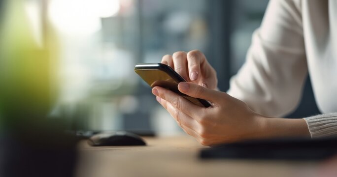 Close up view of female hands navigating the internet on a smartphone while working in an office environment, showcasing modern technology