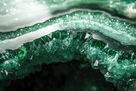  A close-up of a green geode featuring sharp, glossy crystals and layered bands of white, emerald, and deep green minerals.