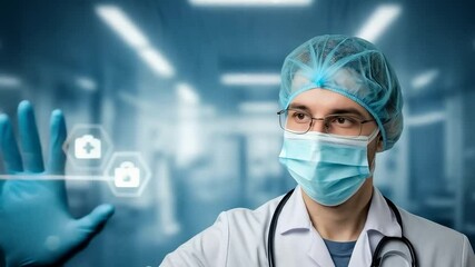 Doctor in mask with medical icons, symbolizing modern healthcare technology - Powered by Adobe