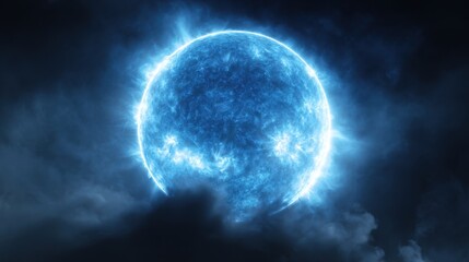 Obraz premium Luminous Blue Sphere: A mesmerizing cosmic entity radiating brilliant light amidst a dark, atmospheric expanse.