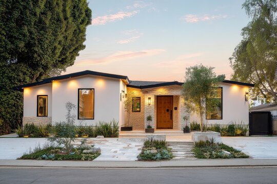 Luxurious single family home featuring white stucco, stone accents, and large windows, illuminated at sunset in Beverly Hills, California - Powered by Adobe