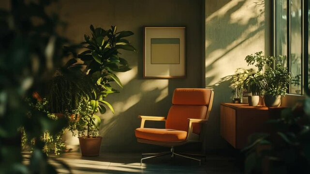 Warmly Lit Orange Chair Surrounded by Plants in a Contemporary Home Interior with Natural Sunlight and Minimalist Wall Art