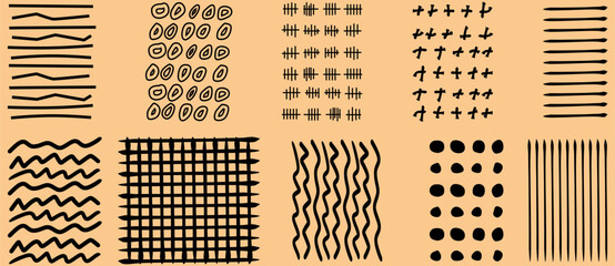 Vector vintage hand drawn hatching patterns. Lines, dots, circles, smears, waves, stripes, brush strokes, triangles. Black hand drawn textures isolated lattice crosshatch elements on beige background