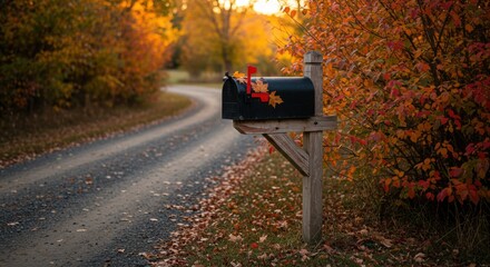 A rustic mailbox stands beside a winding gravel road surrounded by vibrant autumn foliage, capturing the essence of fall in a serene countryside setting - beautiful pictures of fall