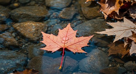 A vibrant red maple leaf resting on smooth stones in a serene stream, with droplets of water glistening on its surface - beautiful pictures of fall
