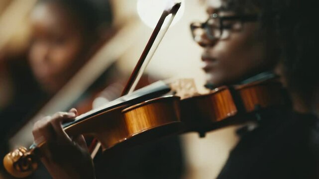 Young African American Woman Plays Violin in an Orchestra Setting with Warm Lighting and Musical Ensemble in the Background Close Up