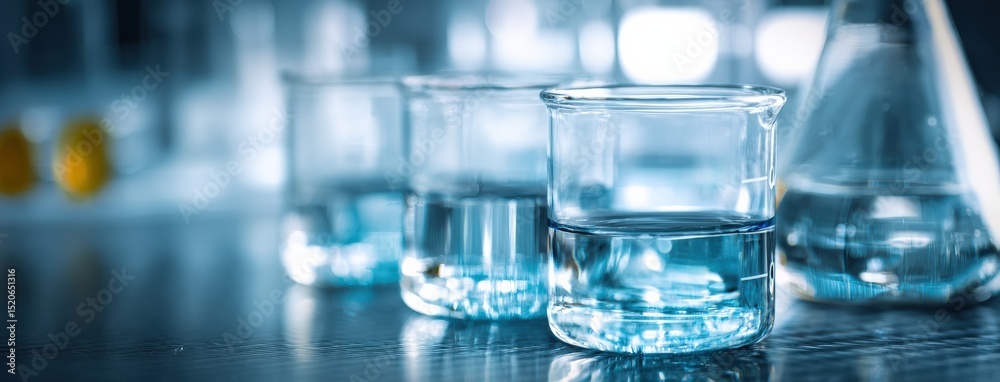 Poster beakers and flasks containing blue chemical liquid on a laboratory table performing a scientific exp