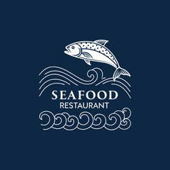 seafood restaurant logo with a minimalist line art of a fish and waves