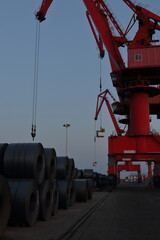 Steel roll piled on dock