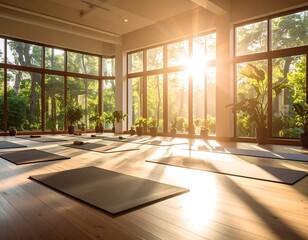 Sunlit yoga studio with large windows