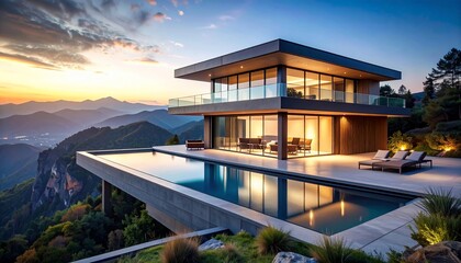 Fototapeta premium Luxury Mountaintop Villa with Infinity Pool at Sunset