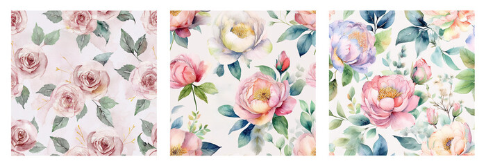 A set of seamless abstract watercolor floral patterns with roses. Watercolour painting backgrounds.