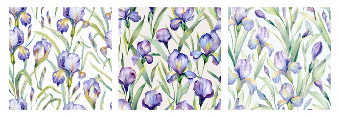 A set of seamless abstract watercolor floral patterns with irises.
