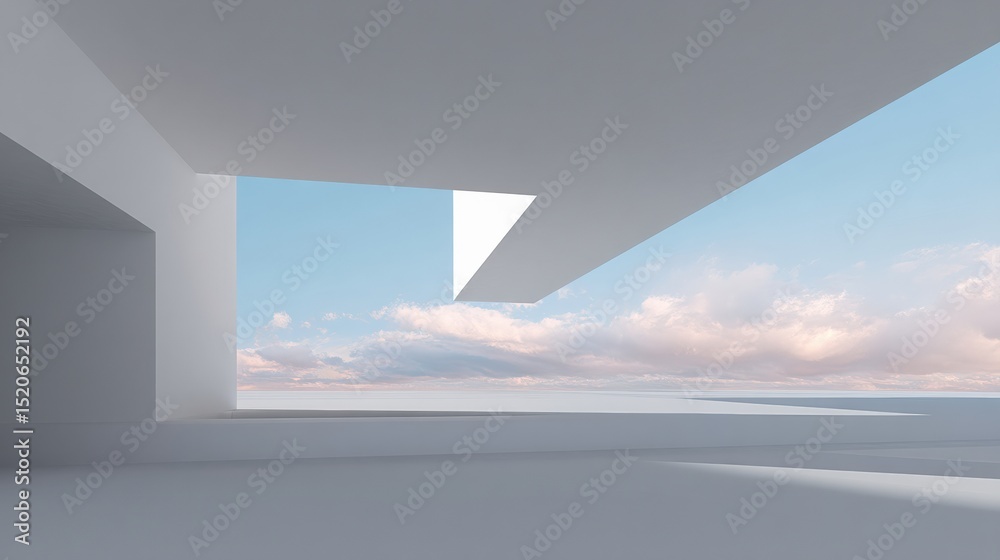 Poster Open space with white walls and ceiling opening onto a cloudy sky, creating an abstract geometric composition