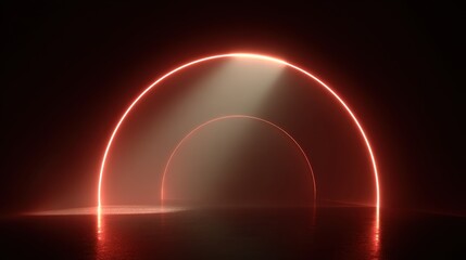Glowing arches illuminate a dark, reflective surface, creating a modern and minimal abstract space. The light effects add depth and visual interest.