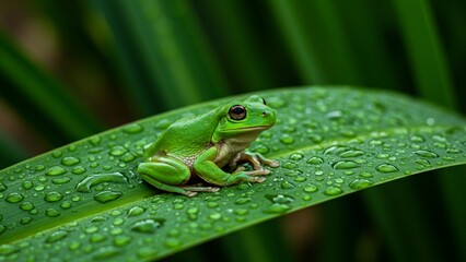 Obraz premium Green tree frog sitting on a broad leaf with morning dew