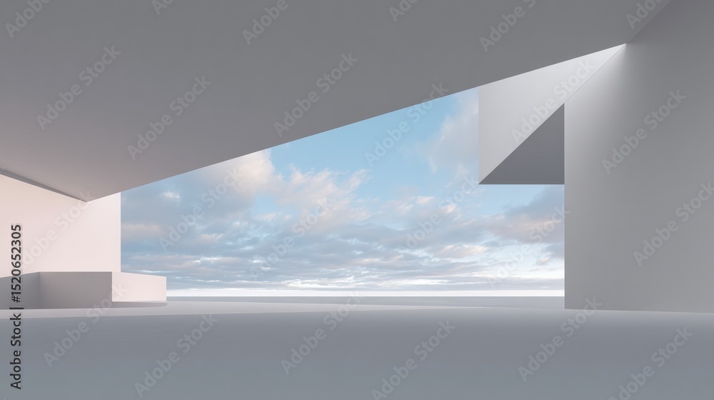 Aufkleber Open space with white walls and ceiling opening on a cloudy sky background in a minimalist architectural style