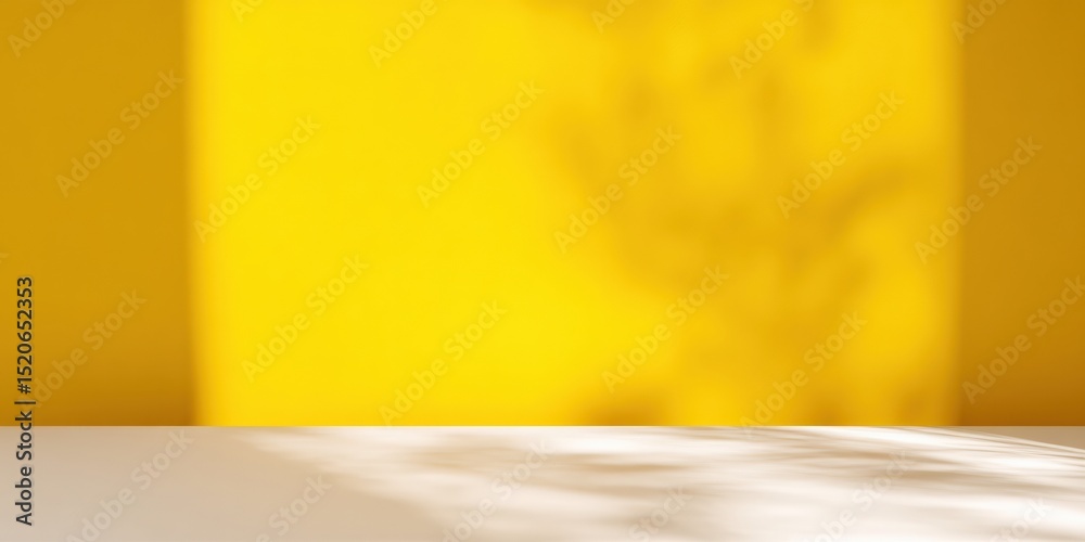 Poster Empty white table with yellow wall and window shadow creating an abstract background, ideal for showcasing products