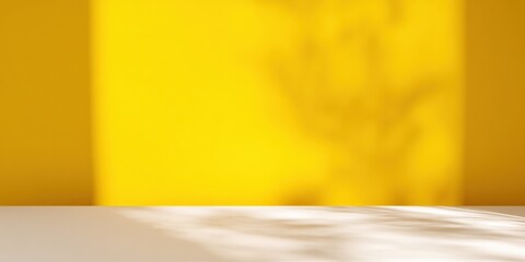 Empty white table with yellow wall and window shadow creating an abstract background, ideal for showcasing products