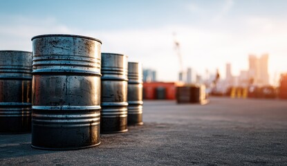Weathered metal drums sit on a concrete surface at sunset, with a blurred cityscape and additional drums in the background