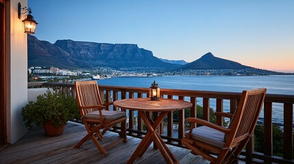 Panoramic view of a city with mountains and water from a wooden balcony.