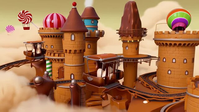  Ice cream castle-Chocolate Castle Adventure: A whimsical 3D rendered world of sweet treats, candy castles, and hot air balloon rides.