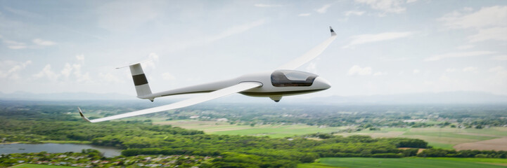 A sleek white glider flying over lush, green landscapes on a clear day, showcasing the freedom and beauty of flight. CGI render