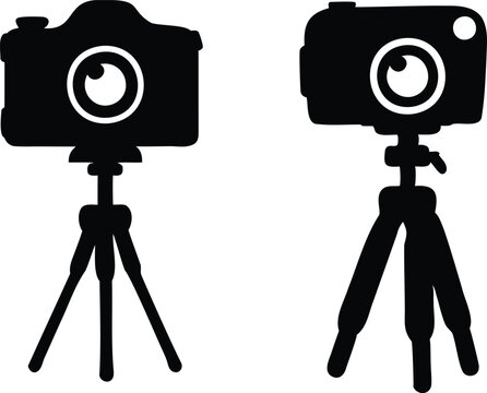 Silhouette vector set of digital cameras mounted on tripods, ideal for photography, studio equipment, video shooting, camera gear, vlogging icons, and creative media production illustrations