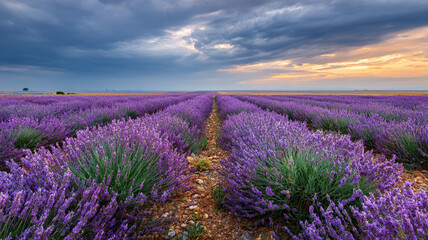 Obraz premium Stunning lavender field stretches under dramatic cloudy sky at sunset, creating serene and picturesque landscape. vibrant purple hues contrast beautifully with moody clouds