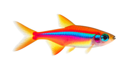 Fototapeta premium Cardinal Tetra Fish: A vibrant cardinal tetra fish, showcasing its iridescent red, orange, and blue hues, is isolated against a plain background. The detail of its scales and fins is emphasized.