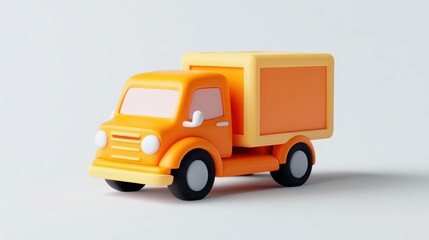 Fototapeta premium A cute, cartoonish orange delivery truck with a pale yellow cargo box sits on a white background, rendered in a 3D style